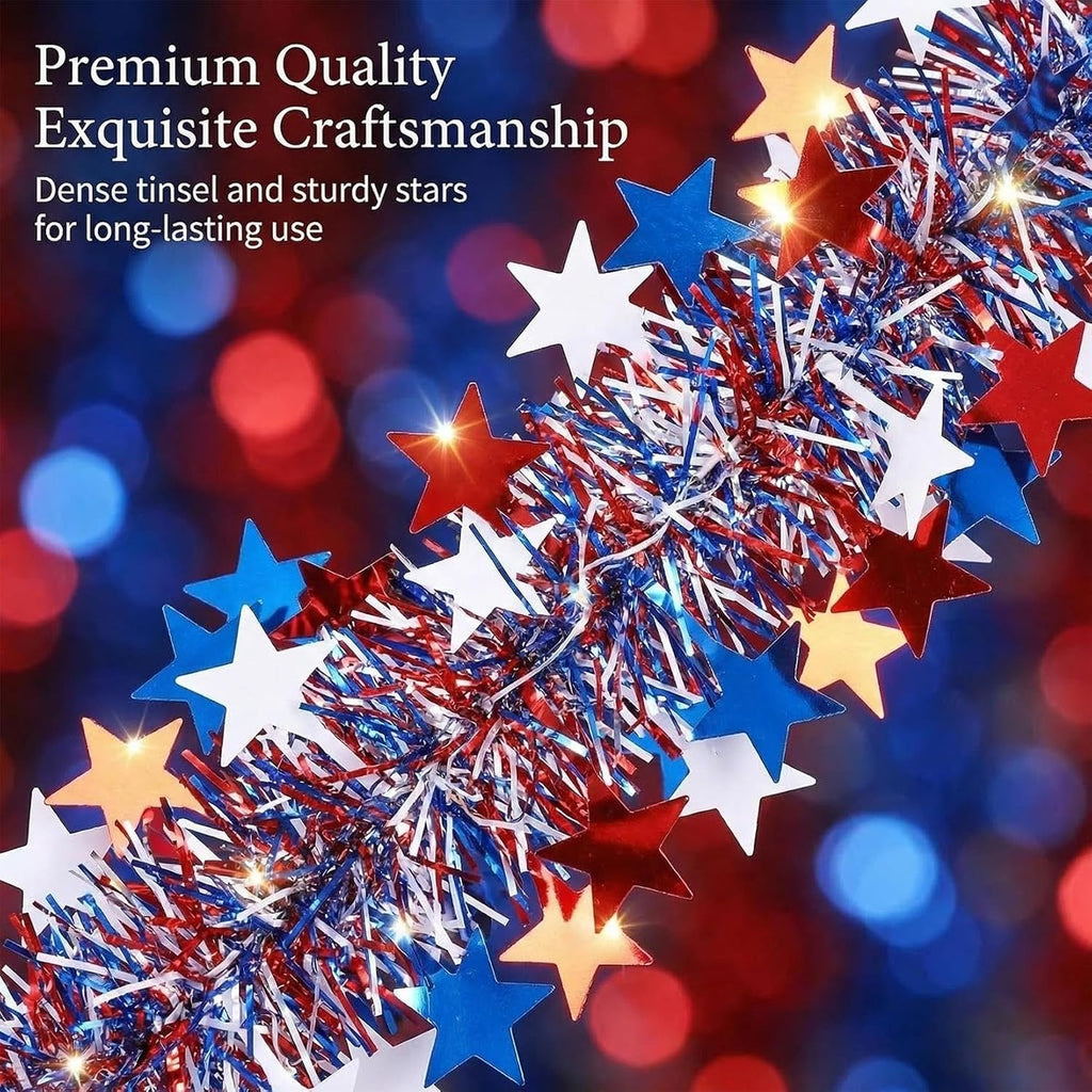 RAINFLOW Patriotic Tinsel Garland 4th of July Decorations - 5 Pack 32.8FT Red White Blue Star Metallic Decor for Parade Golf Cart Car Tree Party Outdoor Independence Day Memorial Day