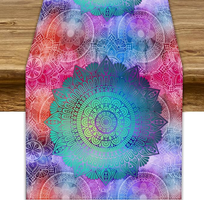 Green Mandala Table Runner, Bohemian Vintage Colorful Exotic Colorful Floral Print Table Runner for Wedding Dining Table Holiday Party Kitchen Home Decor, 13x60inch