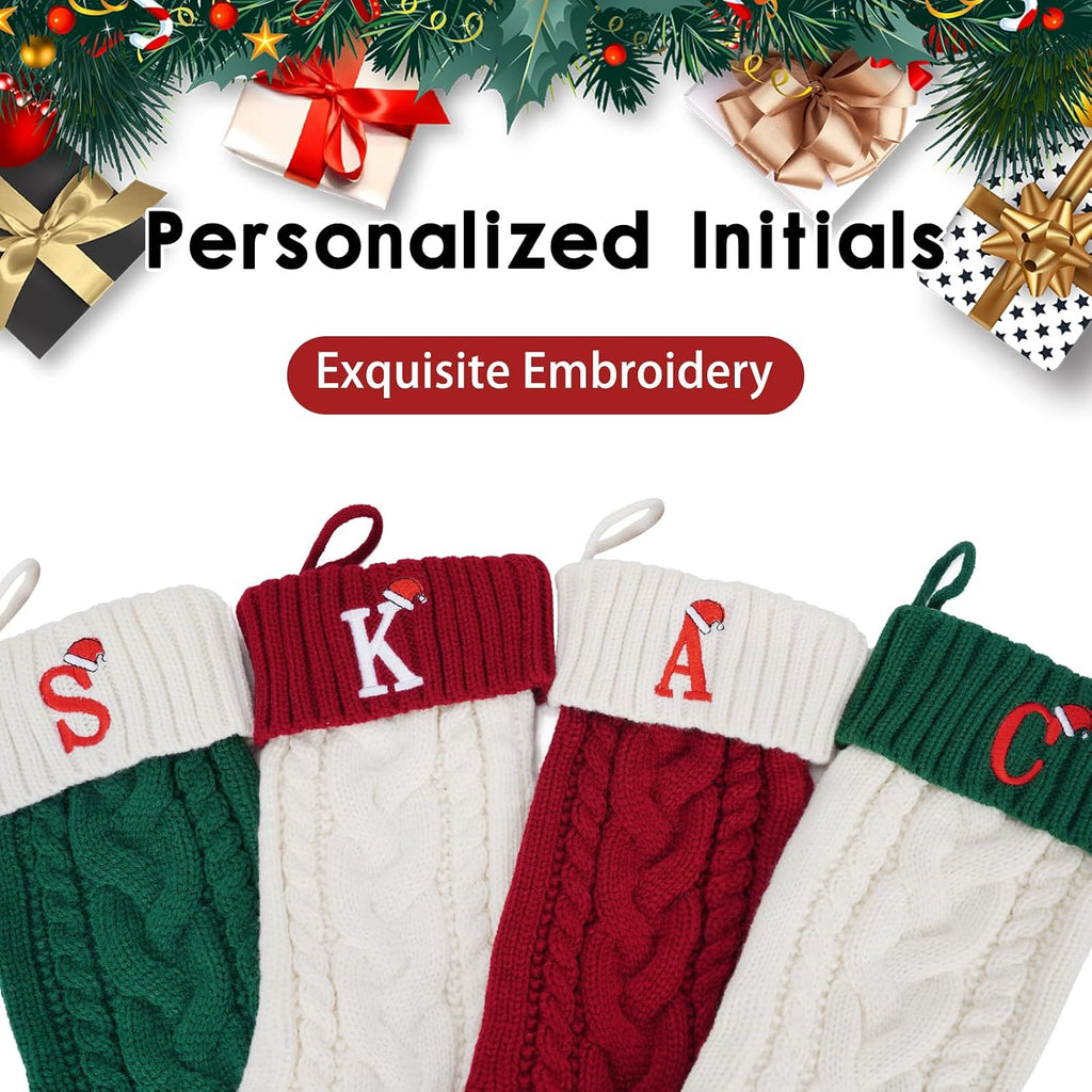 Christmas Stockings with Initials, Personalized Embroidered Monogram 18 Inches Knitted Christmas Stockings Fireplace Xmas Stockings for Kids,Family Holiday Party Decoration White Red Letter C