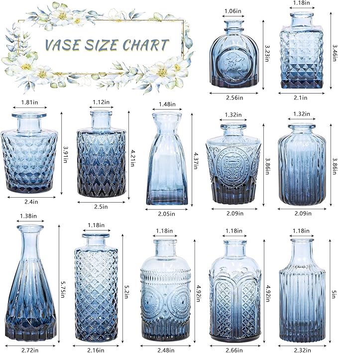 Glass Bud Vase Set of 12, Small Blue Flower Vases for Centerpieces in Bulk, Mini Vintage Vase for Wedding, Home,Table Decoration