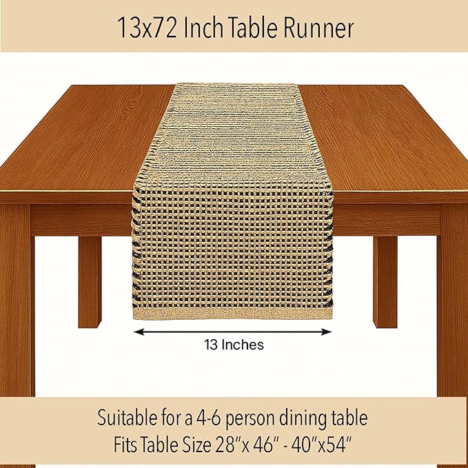 Chardin home Natural Jute Table Runner 13x72 Inch – Vintage Boho Rustic Table Decor – Handwoven Table Runner in Natural Jute and Black – Farmhouse Dining or Console Table Accent