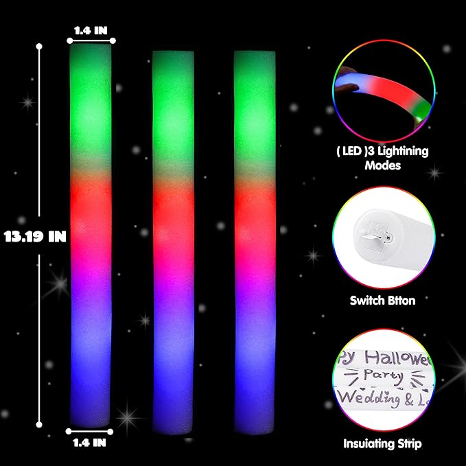 JOYIN 12 PCS LED Light Up Foam Sticks, Glow Sticks Party Favors Bulk with 3 Modes Color Flashing Glow Party Supplies for Halloween, Spooky Celebrations, Wedding, Camping, Birthday, Raves, Carnival