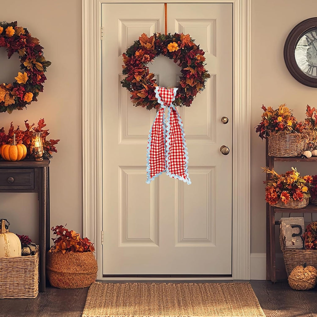 Wreath Sash for Front Door Red White Buffalo Plaid Wreath Satin Sash Blue Wave Garland Ribbon Accessories for Wreaths Yard Doorway Indoor Outdoor Bow Bridal Shower Home Decor,5.11 x 54.33