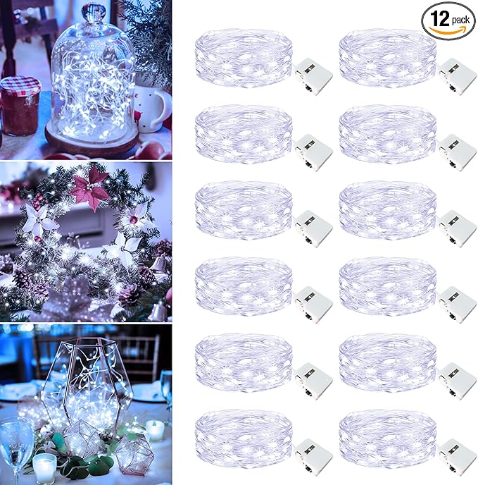 12 Pack Fairy Lights Battery Operated - 7ft 20 Led Twinkle Lights 3 Modes, Bulk Mini String Lights Waterproof for Mason Jars Vases DIY Party Wedding Decoration Christmas -Cool White