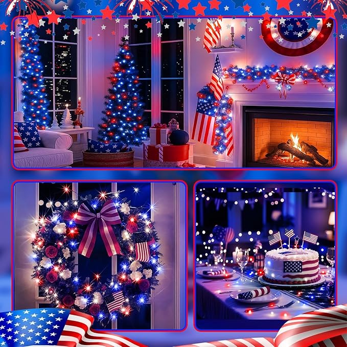 4th of July Decorations - 6 Pack Red White Blue Fairy Lights Battery Operated, 7ft 20 Led Twinkle Lights 3 Modes, Waterproof Bulk Mini String Light for Independence Day Patriotic Decorations