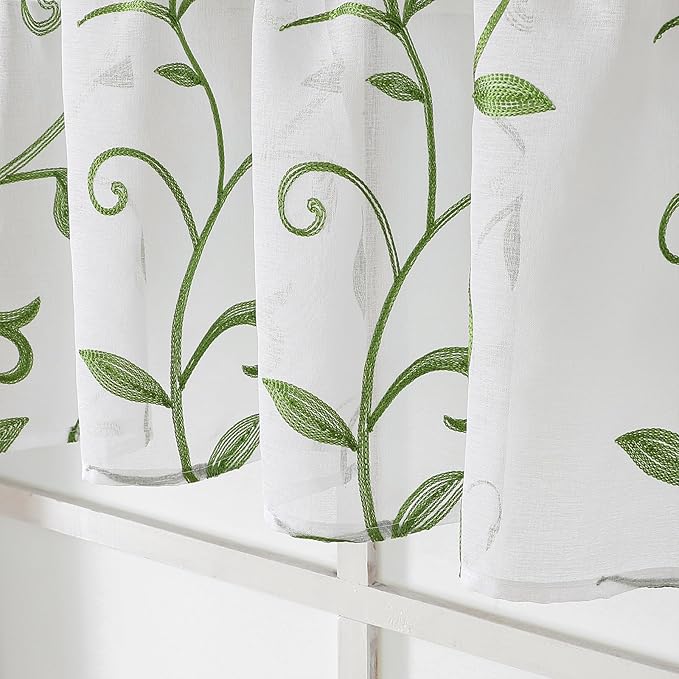 VISIONTEX Sheer Voile Curtain Valances, Decorative Leaves Embroidered, Rod Pocket Window Treatment for Kitchen/Rustic Bedroom/Living Room (54 x 16 Inch,1 Panel)