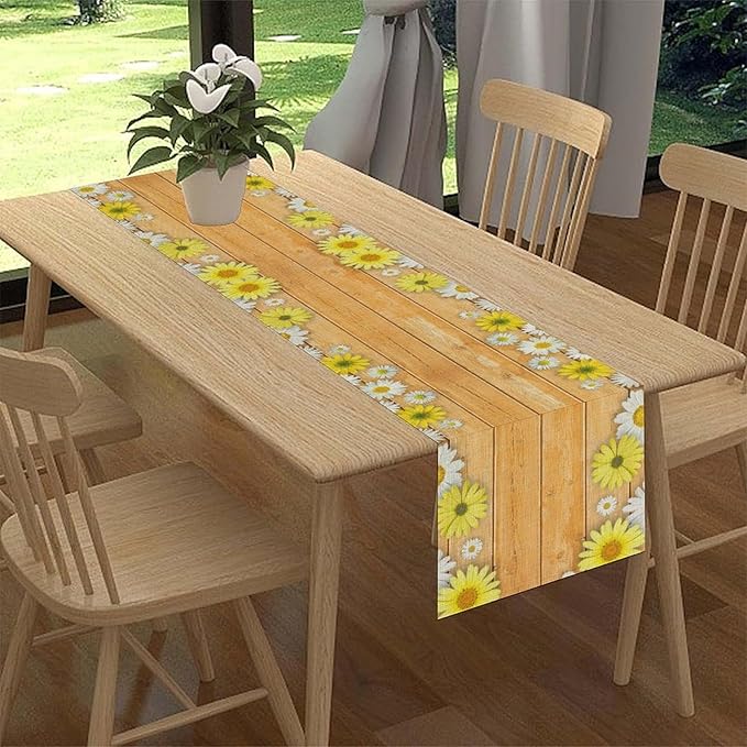 Farmhouse Floral Table Runner, Spring Seasonal Yellow Daisy Sunflower Retro Wooden Country Table Center Decor for Home Kitchen Dining Patio Holiday Party Table Decorations, 13"x108" Inch