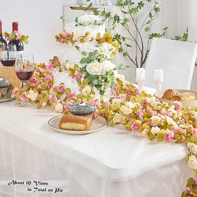 6 Pcs x 8.2 ft Flower Garland Artificial Rose Vine Flowers with Green Leaves Hanging Fake Roses Vine for Room Party Home Wedding Birthday Christmas Wall Arch Decor, Pink Champagne Flower