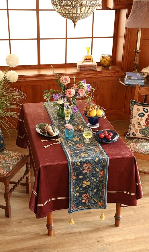 patdrea Designer Casual Wild Floral Velvet Table Runner 102 Inch Long, Dark Blue Occult Bouquets Pattern Table Mat, Decoration for Kitchen Dining Coffee Table Cabinet Banquet Thanksgiving,12"*102"
