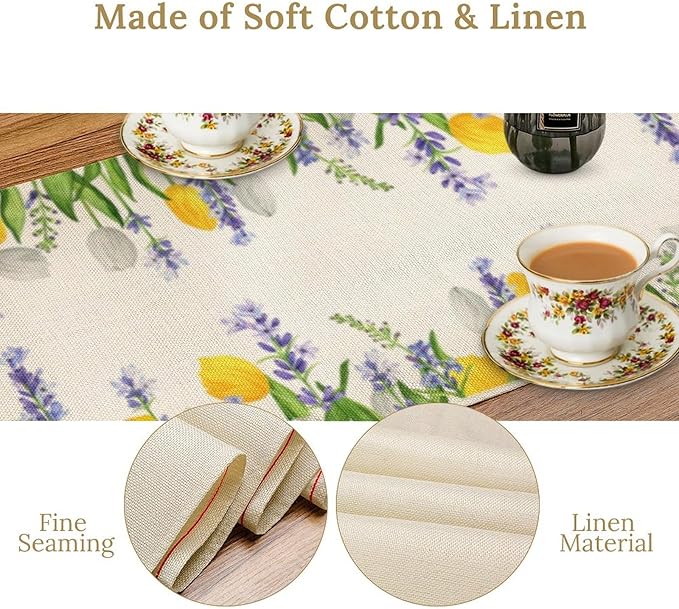 Floral Tulip Lavender Table Runner, Spring Watercolor Flower Plants Nature Butterfly Table Runner for Kitchen Dinner Living Room Home Party, 13x70 Inch