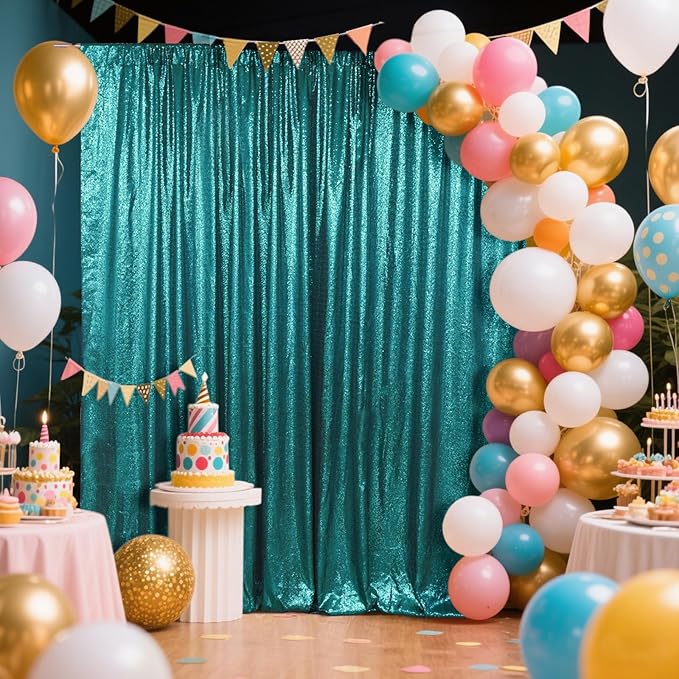 SquarePie Sequin Backdrop Curtain Not See Through Thick Glitter Background for Party 7FT x 7FT Teal