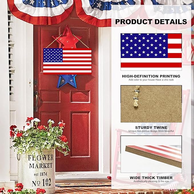 American Flag Door Hanging Sign，Farmhouse Patriotism Artwork Decorations Signs, Framed Indoor Outdoor Decorative Art Ornament for July 4th Independence Day, New Year, Holiday Party, Birthday