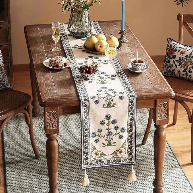 patdrea Designer Blue Rustic Elegant Floral Patterned Linen Table Runner 71 Inch Long,Wrinkle Resistant Table Mat,Decoration for Kitchen Dining and Coffee Tables Banquet Christmas , 12"x71"