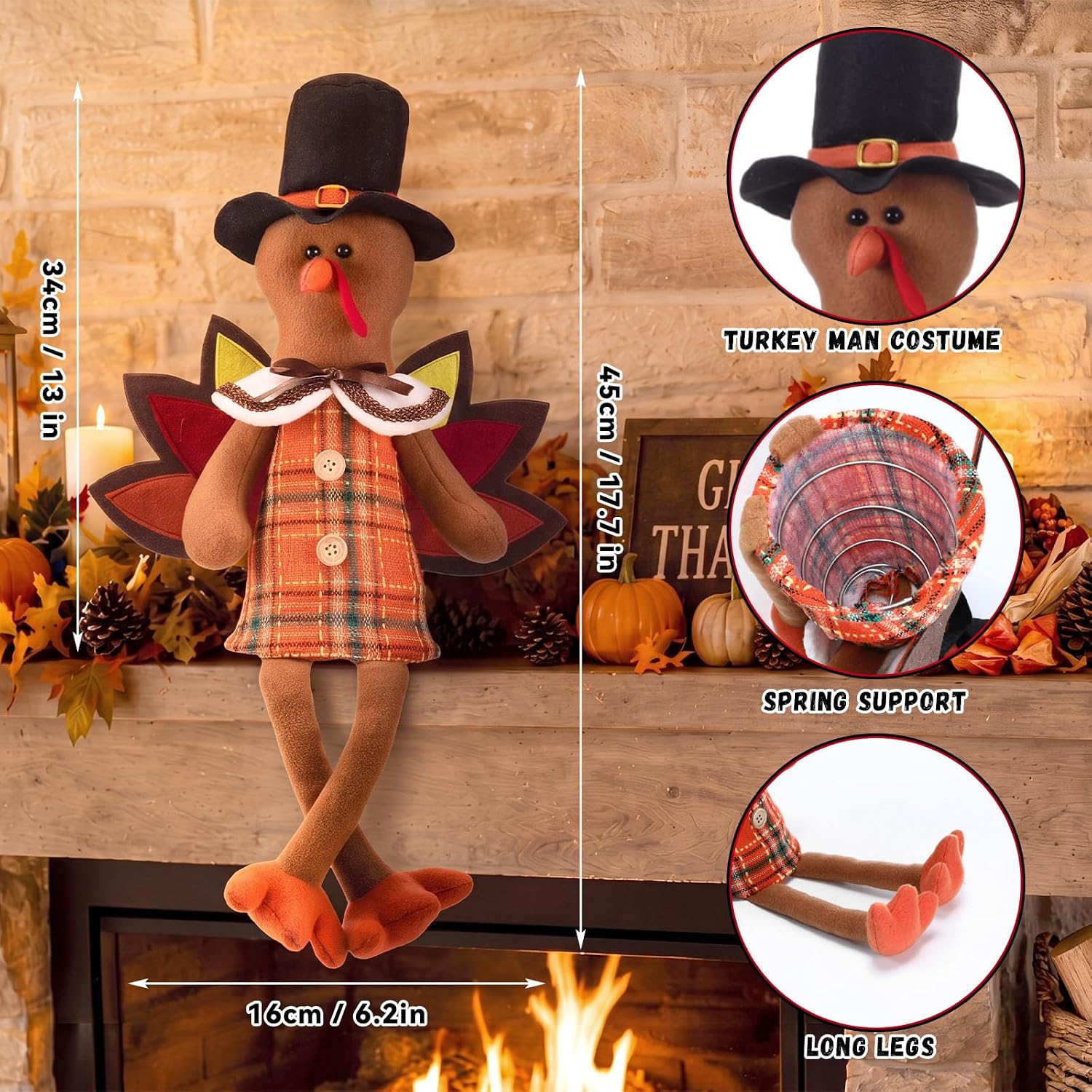 Soulchen 21 Inch Thanksgiving Turkey Tree Topper Plush Gnome Fall Tree Topper with Wings Hat and Dangle Legs Harvest Autumn Ornament for Home Farmhouse Party Decor