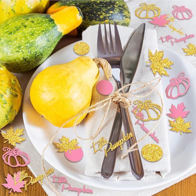 Ferraycle 400 Pcs Thanksgiving Pink and Gold Pumpkin Confetti Christmas Baby Shower Maple Leaf Confetti Glitter Thanksgiving Pumpkin Decorations Table Decorations for Birthday Party Supplies