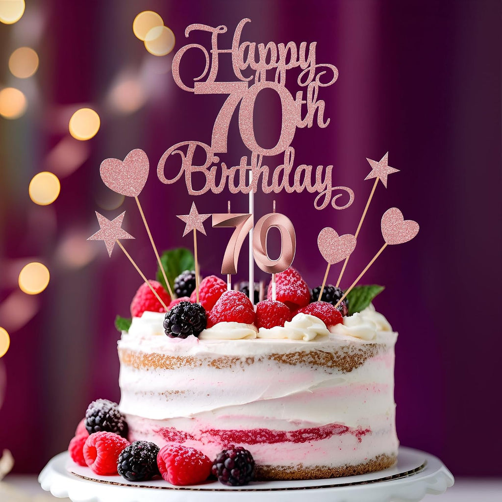 70th Birthday Cake Decorations, 70th Birthday Candles Cake Numeral Candles and Glitter Happy 70th Birthday Cake Toppers Set for Birthday Party Supplies (Rose Gold)