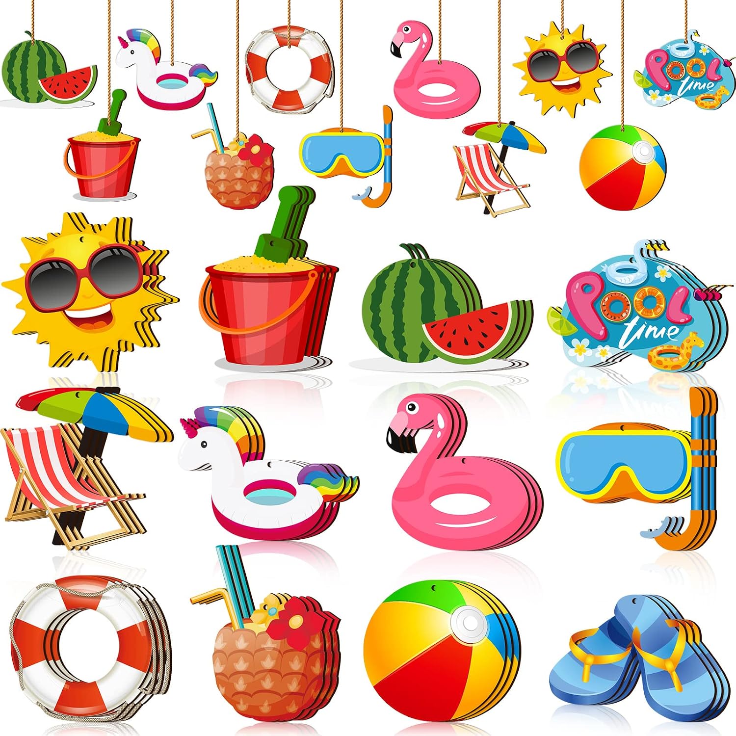 Chunful 36 Pieces Summer Tree Ornaments Christmas in July Wood Hanging Decoration Beach Wooden Slices Winter Tree Ornaments with String for Luau Hawaiian Party Supplies (Pool Style)