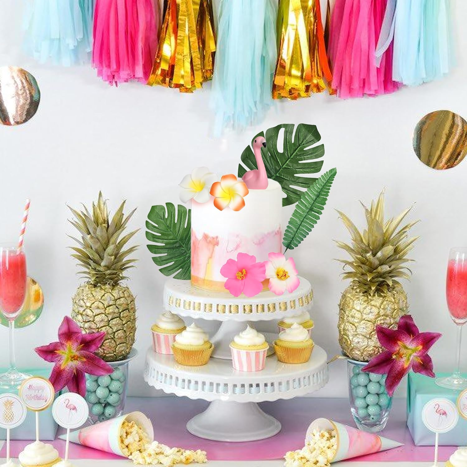 9 PCS Flamingo Cake Toppers Palm Leaves Hibiscus Flowers Flamingo Cake Decoration Hawaiian Cake Decorations for Tropical Luau Summer Hawaii Theme Baby Shower Birthday Party Decorations Supplies