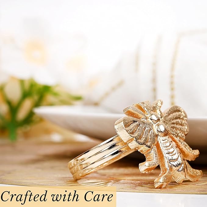 Gold Napkin Rings Set of 12 - Elegant Bee Napkin Rings with Sturdy Lightweight Metal Design - Durable & Versatile for Table Settings, Special Occasions, Decor & Gift Giving Ideas - CLEENTABLE