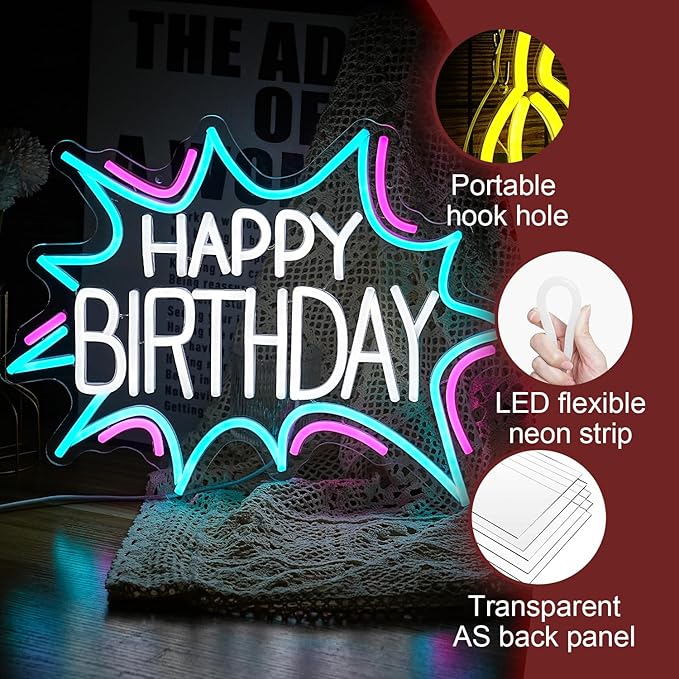 Happy Birthday Neon Sign Dimmable Celebrate Birthday Neon Light Powered by USB Gleaming LED Happy Birthday Lignt Up Sign for Birthday Paty Decoration Bedroom Birthday Gifts(16.7”*12.8”)