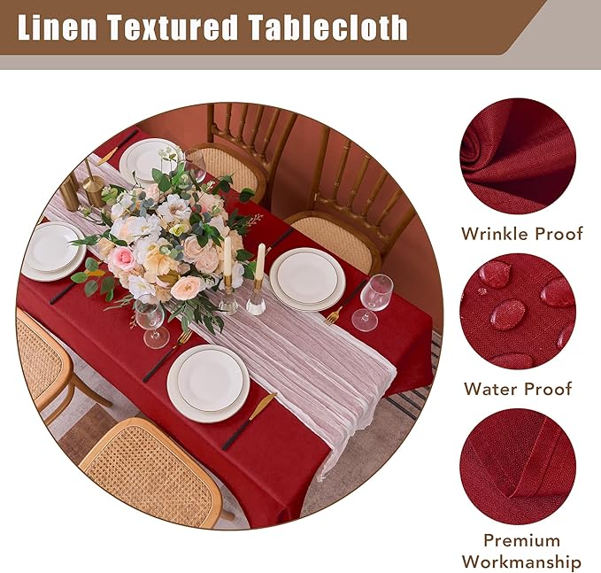 Fitable 2 Pack Faux Linen Christmas Tablecloths, Burlap Textured Fabric Table Clothes Rectangle, Rustic Decorative Table Covers for Winter Holiday Dinner Party Farmhouse (Red, 60 x 84 Inch)