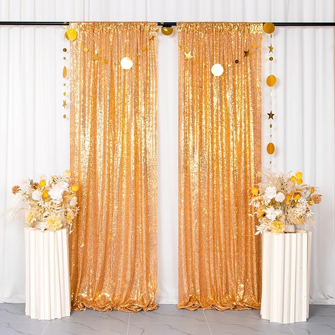 ShinyBeauty Gold Backdrops 2 Pieces Sequin Curtains 4FTx7FT Photoshoot Background Shimmer Golden Bakdrop Glitter Backgrounds for Prom,Birthday,New Year Studio Decor (8FTX7FT)