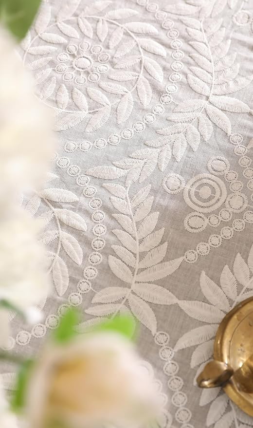 patdrea Vintage Ruffle Tablecloth for Round Tables,Farmhouse Embroidered Cotton White Lace Table Cloth Cover Decor for Dining Room Wedding Banquet Thanksgiving Christmas,Dimaeter 67"