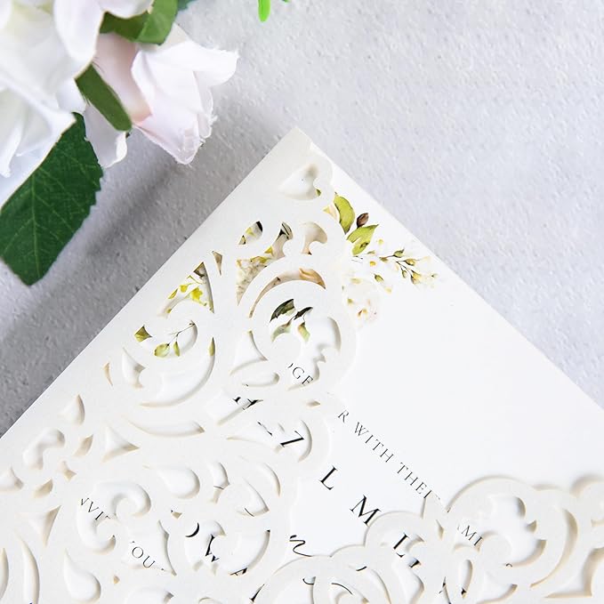 20Pcs Ivory Laser Cut Invitation Cards With Blank Inner Sheets for Wedding Cards Bridal Shower Engagement Quinceanera Invitation (No Envelopes)
