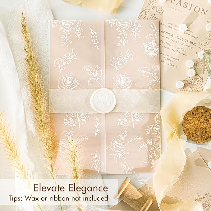 50 Pack Pre-Folded Vellum Jackets for 5x7 Invitations,AZAZA Translucent Invitation Sleeves,115GSM Vellum Jackets 5x7, Wedding Invitation Accessories,for Weddings Birthdays,Botanical Flower Pattern
