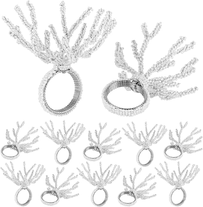 Beaded Napkin Rings Set for Dining Table - Elegant Pearl White Glass Beads with Silver Finish – Perfect for Weddings, Coastal Décor, Parties & Holiday Entertaining (White) - CLEENTABLE