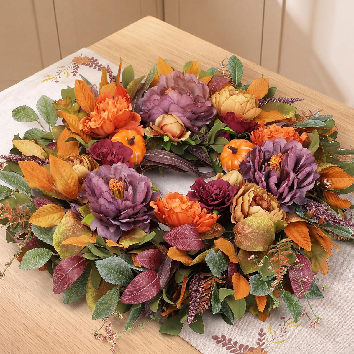 26 Inch Fall Wreath for Front Door, Large Autumn Harvest Wreath with Purple P...