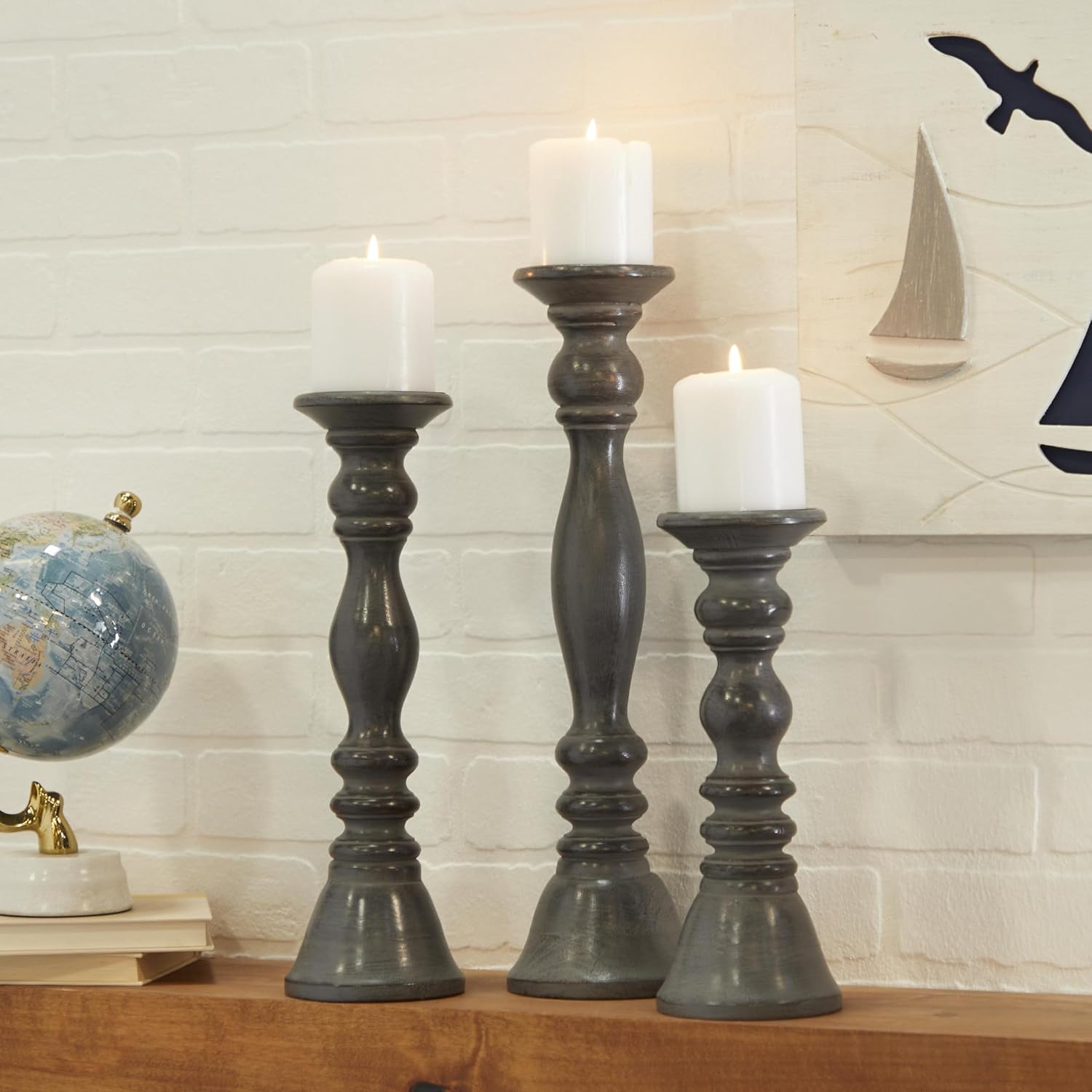 Deco 79 Wood Decorative Candle Holder Candle Stand, Set of 3 Candlestick Holder 18, 15, 12" H, Gray