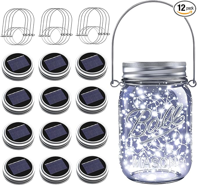 ZNYCYE Mason Jar Solar Lights for Outside, 12 Pack 30LED Fairy Lights Mason Jar Solar Lids Outdoor Waterproof String Lights with Hangers(NO Jars) for Patio Garden Yard Lawn Decoration - Cool White