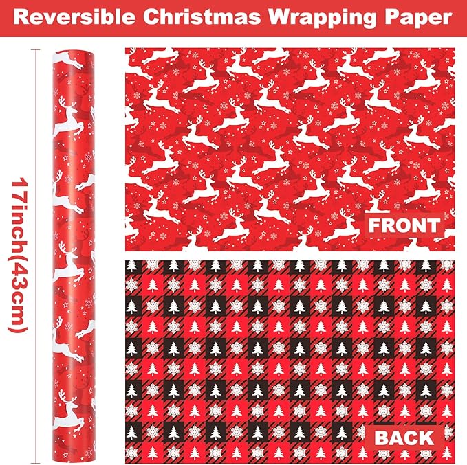 Ulmasinn Reversible Christmas Wrapping Paper Roll - 17" x33ft Double-Sided Designs with Red Nordic Reindeer & Geometric Snowflake, Xmas Gift Wrap for Presents, Table Decor & Crafting