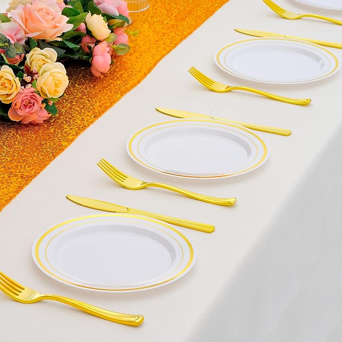 200pcs Gold Dessert Plates with Forks for 100 Guests-100pcs 7.5" Small Plastic Dessert Plates and 100pcs 7.4" Forks-Disposable Cake/Appetizer/Salad Plate for Wedding/Birthday/Party