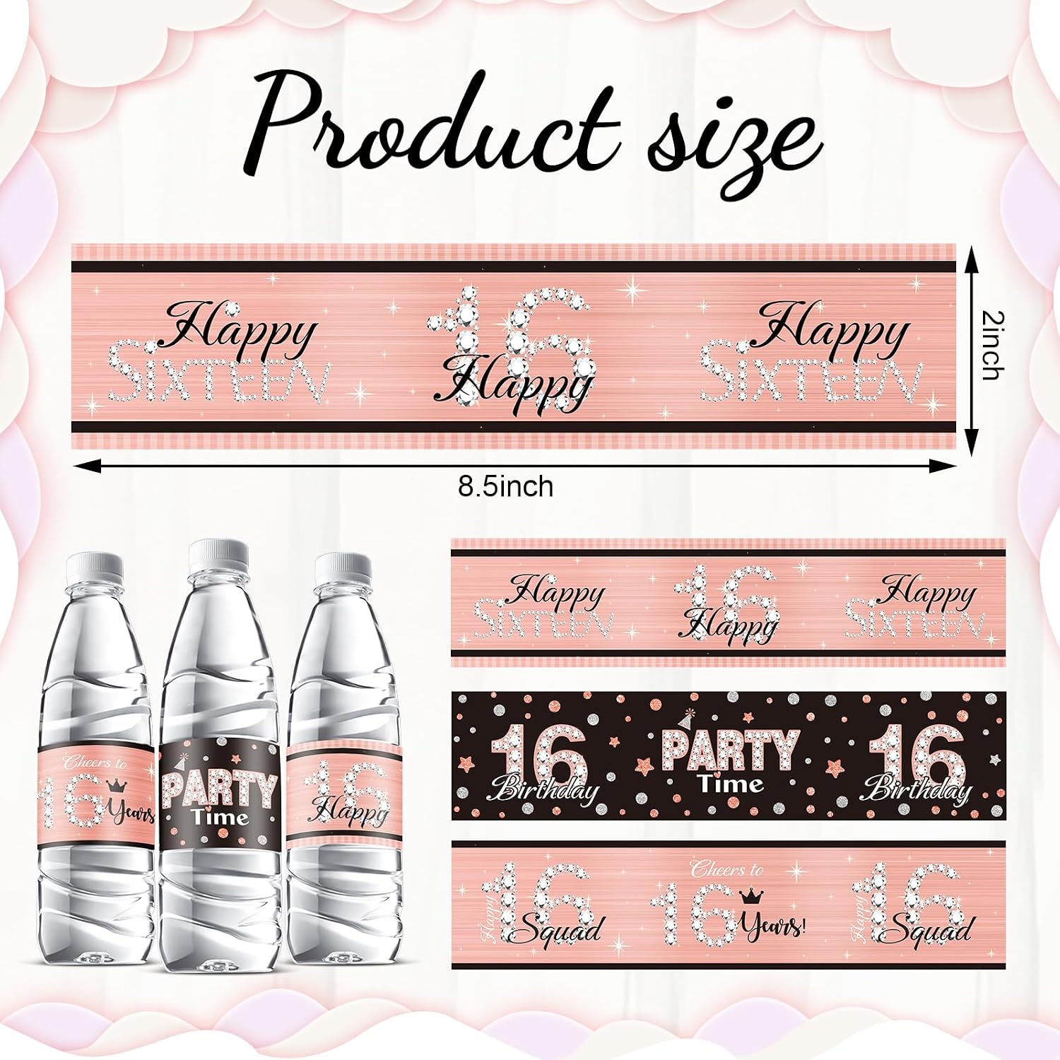 Zonon 39 Pieces Happy 16 Water Bottle Labels 16th Birthday Water Bottle Wrappers Happy Sixteen Waterproof Label Stickers for 16th Girls Birthday Party Decorations Guests Favors (Pink)