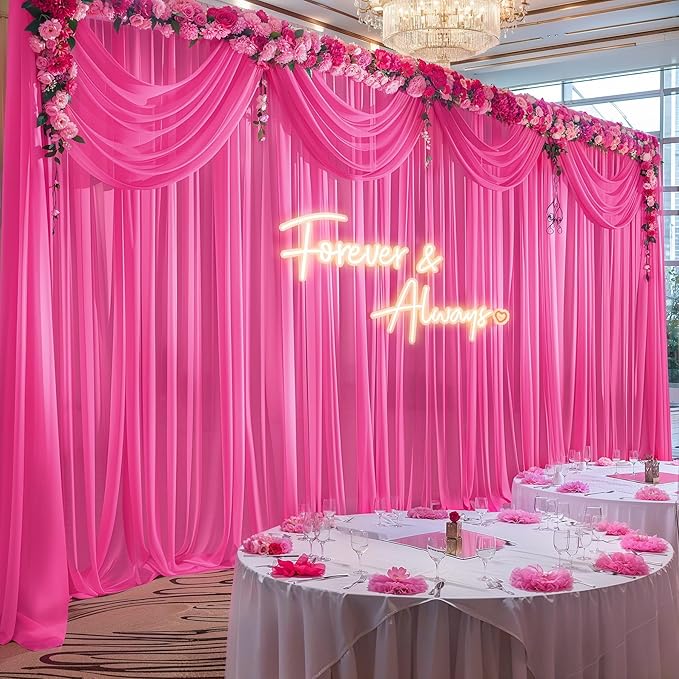 10ft x 10ft Hot Pink Backdrop Curtains, Wrinkle-Free Sheer Chiffon Fabric Photo Backdrop Drapes for Wedding Arch Party Ceremony Stage Photography Decorations