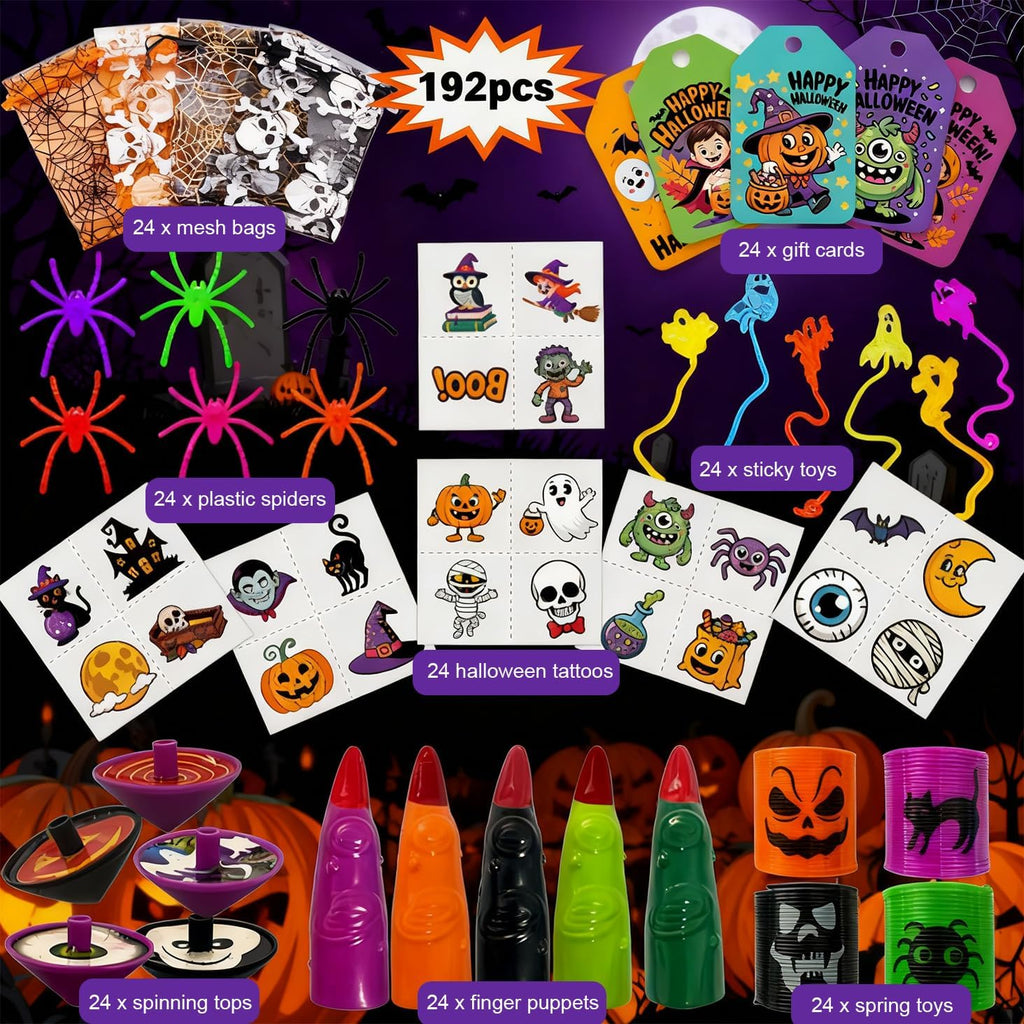 VKTEN 24 Pack Halloween Party Favors for Kids–Prefilled Mesh Treat Bags with Toys, Gift Tags & Twine–Trick or Treat Goodie Bag Fillers, Classroom Prizes & Exchange Gifts