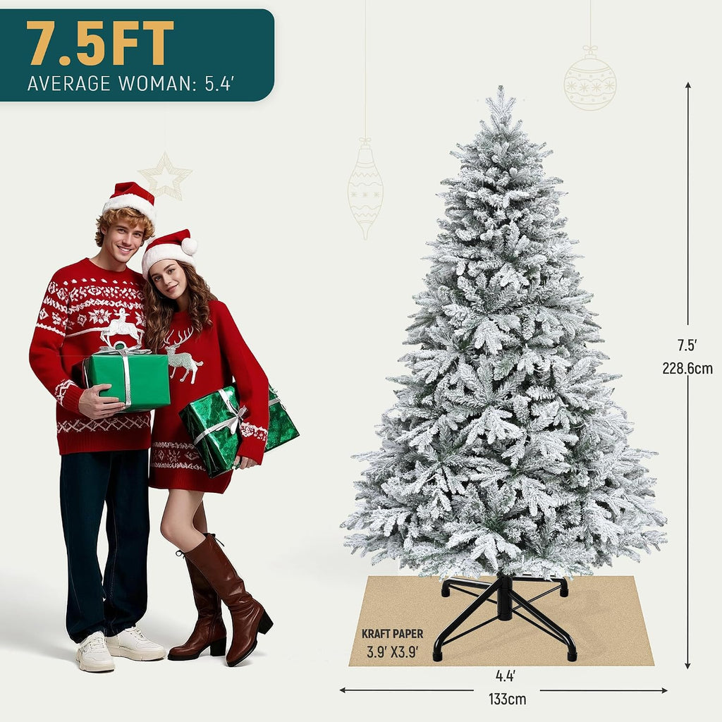 yitahome 7.5ft prelit flocked christmas tree with 1687, front angle view