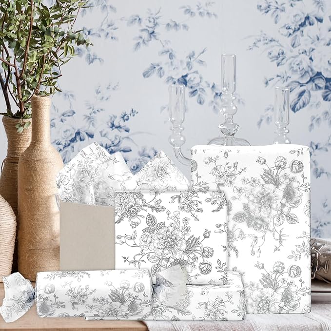 JarThenaAMCS 100 Sheets Floral Tissue Paper Silver Flower Gift Wrapping Paper Vintage Decorative Art Paper for Home Party DIY Crafts Supplies, 14 x 20 Inch