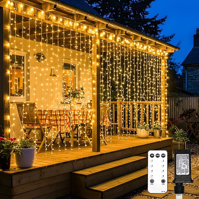 suddus 600 LED Christmas String Lights Outdoor, 9.8x19.6ft Curtain Light Plug in with Remote, 8 Modes Wall Hanging Lights for Christmas,Dorm,Wall,Window,Wedding,Party,Birthday Decor,Warm White