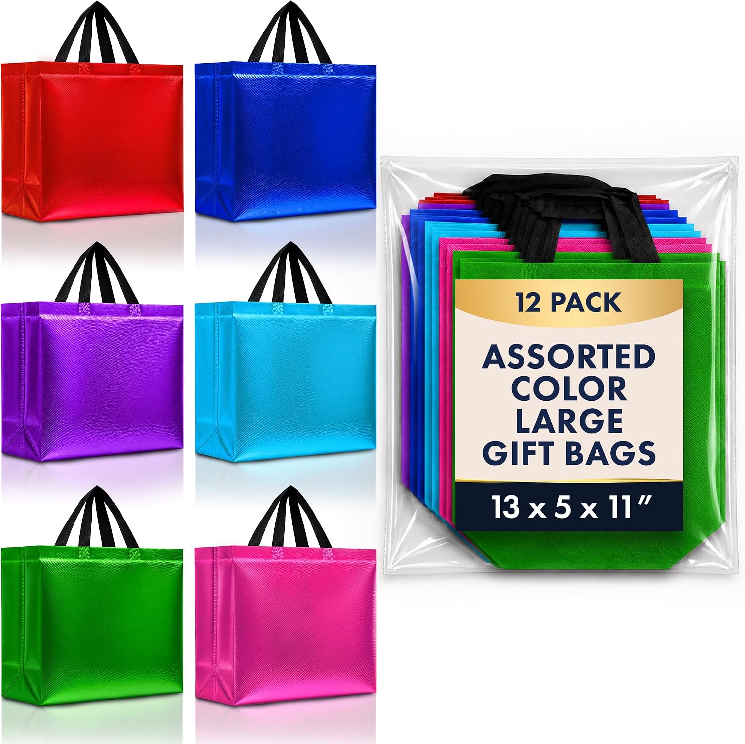 Nush Nush Mix Color Gift Bags Large Size – Set of 12 Reusable Large Gift Bags with Handles in 6 Glossy Vibrant Colors - Perfect Goodie Bag for Birthday Party Favor, Christmas, Holiday – 13x5x11