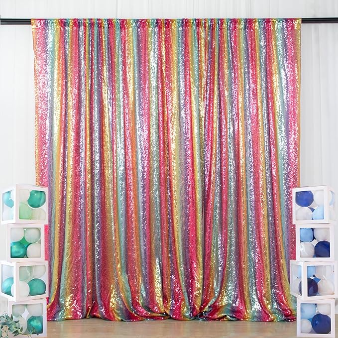 ShinyBeauty 7FTx7FT Glitter Rainbow Backdrop - Sequin Photo Studio Background for TikTok Videos Birthday Parties - Sparkling Shimmer Curtain