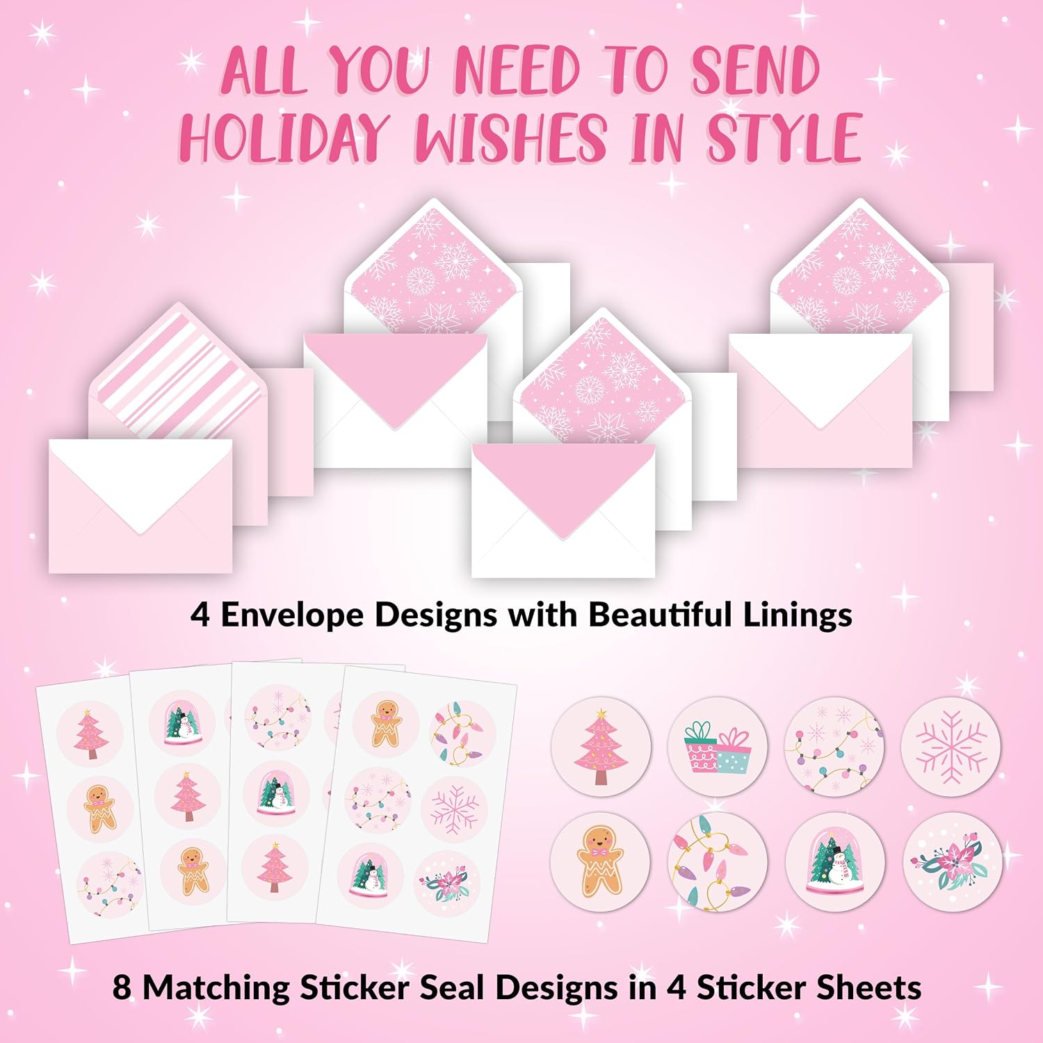 Decorably 24 Pack Foiled 6x4in Pink Christmas Cards with Envelopes and Stickers, 8 Elegant Holiday Designs Seasons Greetings for Family, Friends & Loved Ones with Printed Message, Gifting, Mailing