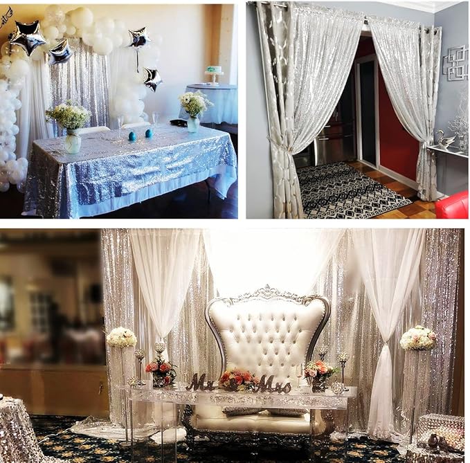 Poise3EHome Silver Sequin Backdrop Curtains,2ft x 8ft Sequin Photography Backdrop Curtain 2 Panels for Party Decoration