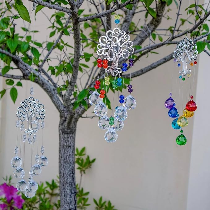 TUOKING 3 Pcs Crystal Suncatchers for Window Hanging Tree of Life Colorful Crystals Prism Ball Pendant Sun Catchers Rainbow Maker Ornament Gift Home Garden Decoration