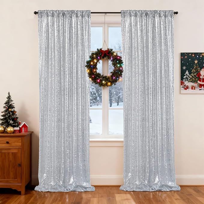 SquarePie Sequin Backdrop Non-Transparent Background Sparkly Curtain for Wedding Party 2FT x 8FT Silver 2pcs