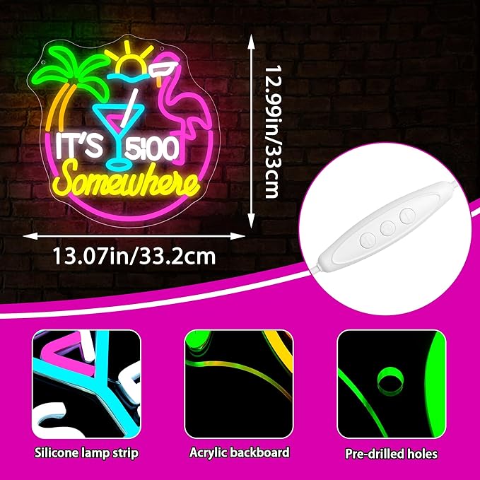 Its 5 O'clock Somewhere Neon Sign for Wall Decor Dimmable Led Flamingo Cocktail Neon Light for Man Cave Tiki Bar Home Beer Bar Beach Party Bedroom Christmas Birthday Gift Size 13.1 * 12.9In (WZCP167)