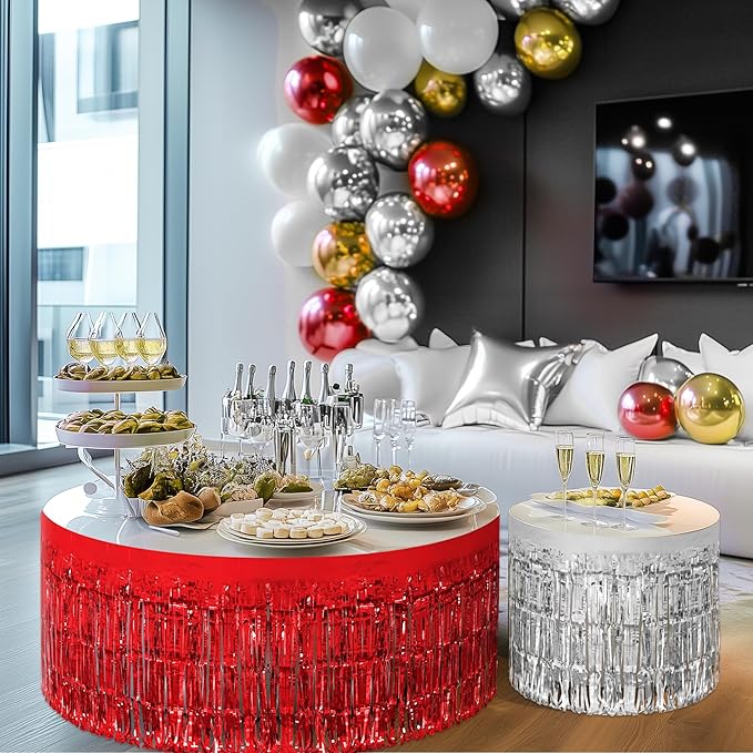3 Pack Red Green Silver Table Skirts, 29x108" Metallic Foil Tinsel Fringe Table Skirt for Rectangle Tables Streamer Curtains Backdrop, Party Decorations for Birthdays, Weddings, Holidays