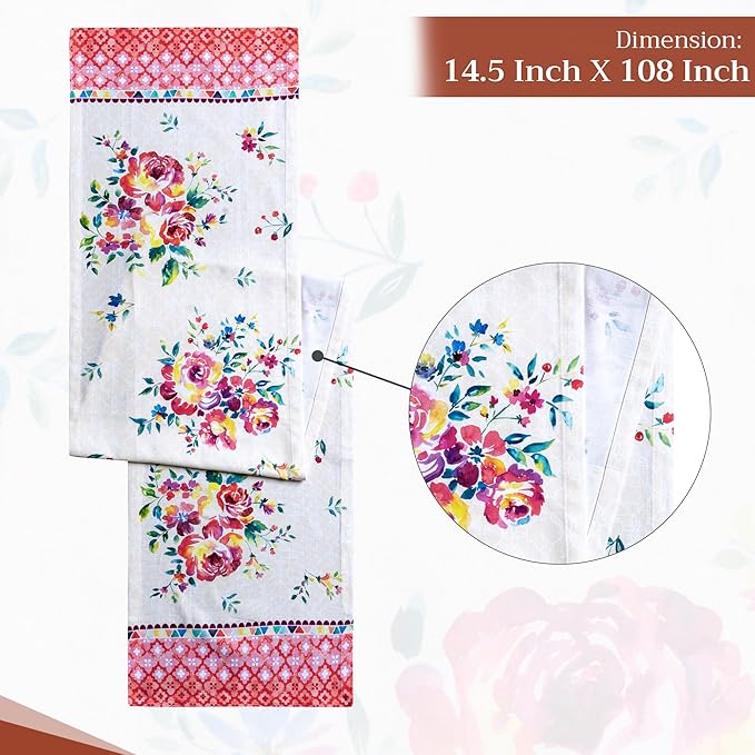 Maison d' Hermine Table Runner 100% Cotton Single Layer Table Runners 108 inches Long Decorative for Home Kitchen Dining Party Wedding Bridal Shower Spring Summer (Rose Garden, 14.50" x 108")